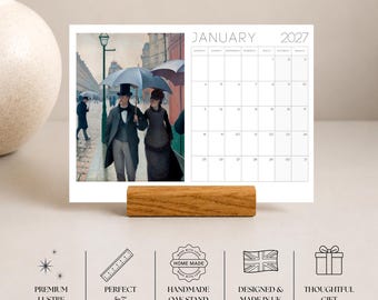 2027 Art Desk Calendar, Mini Calendar with Wooden Stand,  Monday Start, Christmas Gift for Art Lover,  Stocking Filler