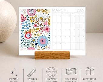 2027 Scandi Floral Desk Calendar, Mini Boho Calendar with Wooden Stand,  Monday Start, Christmas Gift for Her,  Stocking Filler