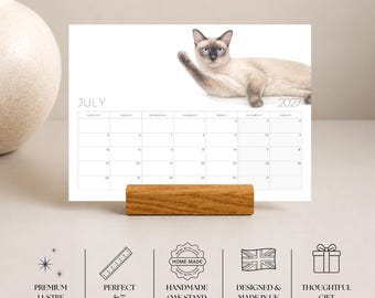 2027 Cat Desk Calendar, Mini Calendar with Wooden Stand,  Monday Start, Christmas Gift for Mum Grandma, Stocking Filler, Cat Mom Gift