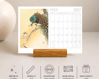 2027 Japanese Art Desk Calendar, Mini Art Calendar with Wooden Stand,  Monday Start, Christmas Gift for Him or Her,  Stocking Filler