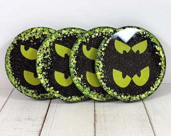 Halloween Coasters Set of 4, Glow in the Dark Resin Drinks Mats, Spooky Table Decor