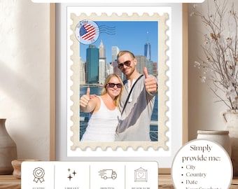 Personalised Travel Print, Custom Holiday Vacation Memory Gift, Postage Stamp Wall Art, Travel Photo Poster, Honeymoon Anniversary Gift