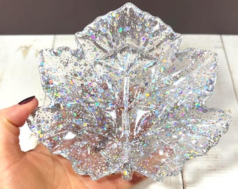 Silver Glitter Resin Leaf Trinket Tray, Handmade Decorative Dish, Autumn Jewellery Holder, Fall Home Decor Gift, Christmas Holiday Decor