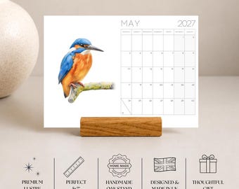 2027 British Bird Desk Calendar With Wooden Stand, Bird Illustrations, Replacement Cards, Stocking Filler Gift, Nature Lover Gift