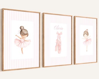 Personalised Ballerina Print Set of 3, Ballet Wall Art, Girls Bedroom Decor, Pink Nursery Prints, Baby Shower Gift, Custom Name Print