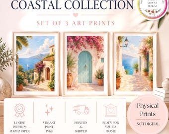Mediterranean Coastal Wall Art Set of 3 Prints, Summer Coast Style Gallery Wall, Island Village Coastal Art Decor