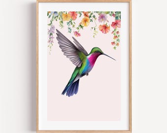 Pastel Hummingbird Wall Art Print: Pretty Floral Home Decor