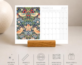 2027 William Morris Desk Calendar, Mini Desk Calendar with Wooden Stand, Refill Cards, Monday Start, Christmas Gift,  Stocking Filler