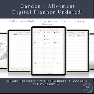 Könnte beinhalten: Ein digitaler Planer für Gärtner und Kleingärtner. Der Planer enthält Abschnitte für die Pflanzenplanung, die Begleitpflanzung und einen Monatskalender. Der Planer ist vollständig verlinkt und einfach zu bedienen. Der Text auf dem Bild lautet "Garden / Allotment Digital Planner Undated Fully Hyperlinked Easy to Use Simple Unfussy Design 30 Pages Perfect if New to Using Digital Planners or New to Gardening"