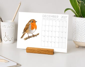 2027 British Bird Desk Calendar With Wooden Stand, Bird Illustrations, Replacement Cards, Stocking Filler Gift, Nature Lover Gift