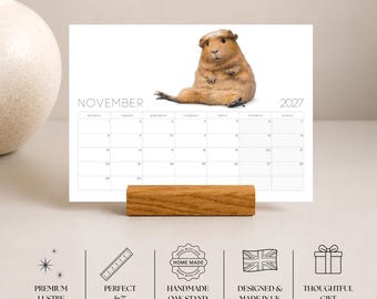 2027 Guinea Pig Desk Calendar, Mini Calendar with Wooden Stand,  Monday Start, Gift for Guinea Pig Lover, Stocking Filler, Cavy Mom Gift