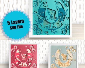 3D Horse SVG Digital Download File | 5 Layered Paper Cut Shadow box | Mare and Foal | Horseshoes & Hearts | Pinto Gypsy Draft Horse Pony