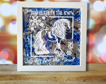 Hoofbeats in the Snow, Gifts for the Soul - Glass Shadow Box | 8x8 White Frame | Pinto Gypsy Vanner Horse Holiday Decor