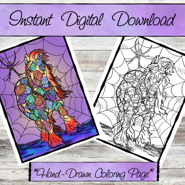 Cute Horse | Digital Coloring Pages - Gypsy Vanner Draft Horse - Stress Relief, Spooky Fun, and Relaxation Spiderweb cobweb spider printable