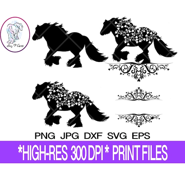 Gypsy Vanner Horse digital file bundle set draft pony floral flourish journal notebook tumbler cup svg png dxf eps