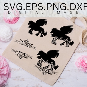 Pegasus SVG Digital Art Image Horse Draft Floral Flourish Bundle set Clipart Download