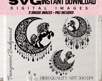 Mystic Moon Feathered Draft Horses SVG PNG Bundle | Download High-Quality Print Files Gypsy Vanner Graphics Clipart