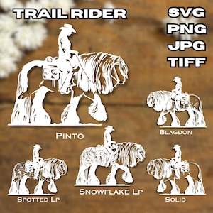 Jinete de senderos / Arte SVG digital original de caballos de tiro con plumas / Archivos de impresión de alta calidad Gypsy Vanner Graphics Clipart