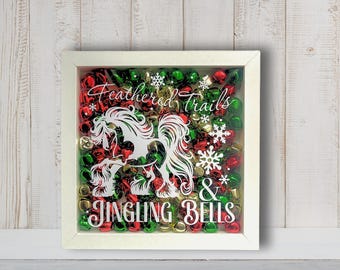 Feathered Trails & Jingling Bells - Glass Shadow Box | 8x8 White Frame | Pinto Gypsy Vanner Horse Holiday Decor