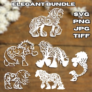 6 images numériques SVG uniques | Lot de chevaux de trait à plumes fantastiques enchanteurs | Calligraphie ornementale en filigrane Gypsy Vanner PNG clipart