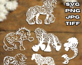 6 Unique Digital SVG Images | Enchanting Fantasy Feathered Draft Horse Bundle | Ornamental Calligraphy Filigree Gypsy Vanner PNG clipart
