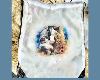 Gypsy Horse & Puppy Themed Polyester Drawstring Bag - Elegant Floral Design, Versatile Cinch Sack by 16.5” x 13.3”