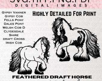 Original Digital SVG Art of Feathered Draft Horses | Multi-Breed Representation | High-Quality Print Files Gypsy Vanner Graphics Clipart