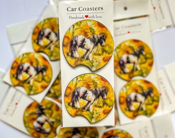 Sunflower Gypsy Vanner Horse Coasters - Set of 2.75” Flexible Neoprene Drink Coasters - Watercolor Irish Cob - Brighten Your Car Drive