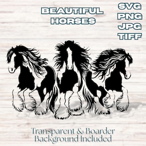 Impressions numériques de chevaux Gypsy Vanner en cours d'exécution svg png tiff | Clipart équestre pour Cricut, gravure laser, DTF, sublimation, autocollants