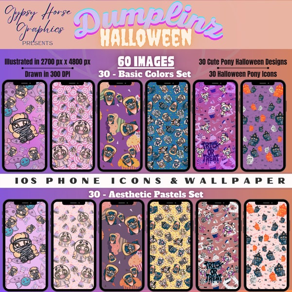 60 Digital Cute Ponies Halloween Wallpaper | ISO Pattern Phone Background - Icon Bundle Set | Instant Download | Perfect for Phones & Tablet
