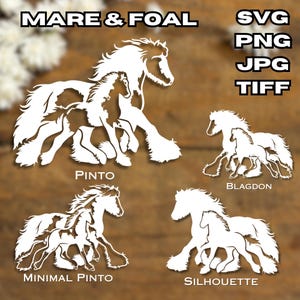 Cavalla e puledro / Arte digitale SVG originale di cavalli da tiro piumati / File di stampa di alta qualità Gypsy Vanner Graphics Clipart