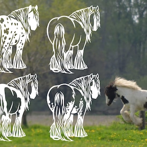 May include: A collection of white horse cutouts in various poses, set against a blurred outdoor background. One cutout features a spotted pattern. The image also includes a group of real horses running in a field.