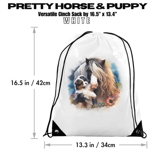 Gypsy Horse & Puppy Themed Polyester Drawstring Bag - Elegant Floral Design, Versatile Cinch Sack by 16.5” x 13.3”