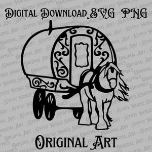 Gypsy Vanner tirando de un carromato Vardo / Caballos de tiro con plumas SVG PNG / Archivos de impresión de alta calidad Gypsy Vanner Graphics Clipart Crafter