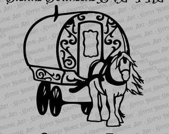 Gypsy Vanner pulling Vardo Waagon | Feathered Draft Horses SVG PNG | High-Quality Print Files Gypsy Vanner Graphics Clipart Crafter