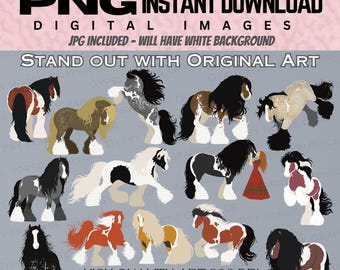14 Unique Digital Beautiful Horses PNG & JPG Clipart File Bundle | Multi-Colored Feathered Pretty Horse | Different Pony Poses and Pattern