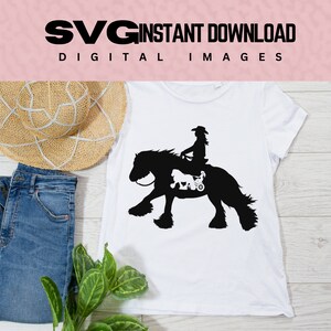 Original Digital Western Reiter Gypsy Vanner und Fahrenden Wagen SVG Bild Download, Silhouette Cricut Grafik Gypsy Irish Cob Clipart