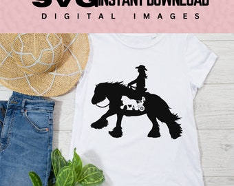 Original Digital Western Rider Gypsy Vanner and Driving Cart SVG Image Download, silhouette cricut graphics gypsy Irish cob clipart