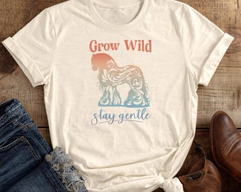 Grow Wild Stay Gentle feathered Gypsy Vanner horse T-Shirt | colorful gradient ornamental design
