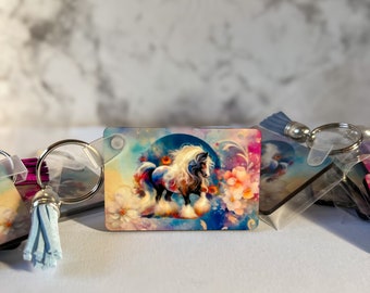 Pretty Feathered Gypsy Vanner Horse Keychain - Rectangle shape - Includes a mystery color coordinated tassel and key ring