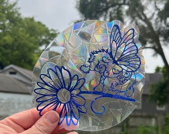 Enchanting Fairy Butterfly SunCatcher Horse with Daisy flower Blue Vinyl Window Static Cling Prism Rainbow Sun Catcher Fantasy #2