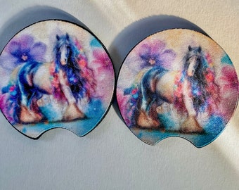 Watercolor Gypsy Vanner with Flowers Coasters - Set of 2.75 | Vibrant Drink Coasters Flexible & Stylish with Neoprene