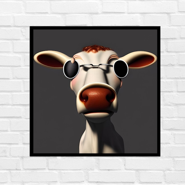 Affiche Vache - Affiche décorative - Vache à lunettes - Portrait de vache avec des lunettes de soleil - Portrait de vache