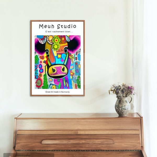 Tableau vache rigolote de style street art pour décorer et personnaliser vos murs