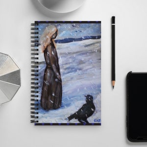 Peaceful Snowful Woman and Crow Original Artwork Printed Spiral Notebook / Original Art Journal / Thoughtful Personal Gift / Winter Writing