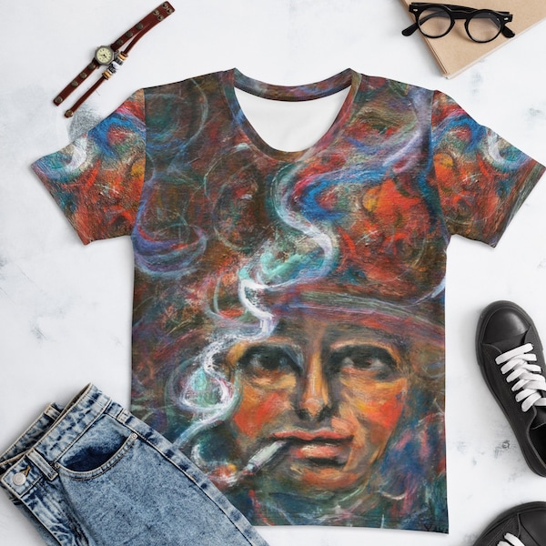 Madame Smoking Original Pastel Printed Full Color Women's T-shirt /  Colorful Abstract of Lady with Hat Smoking Cigarette / Artistic Fashion