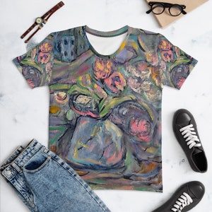 Floral Abstract Artsy Original Wearable Fine Art Womans Tshirt / One of a Kind Fashion Attire / Unique Fashionable Full Color Artistic Shirt