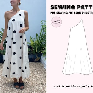 One shoulder floaty midi dress/ Digital PDF Sewing Pattern / Size XXS-XXL / Instant Download with 7 Printable Sizes / Summer dress / Wedding