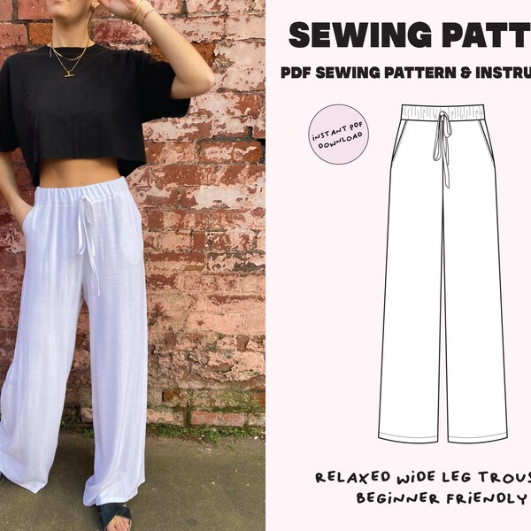 Wide leg trousers / Digital PDF pattern / Beginner friendly / Size XS-XXL / Instant Download with 7 Printable Sizes / Elastic waistband