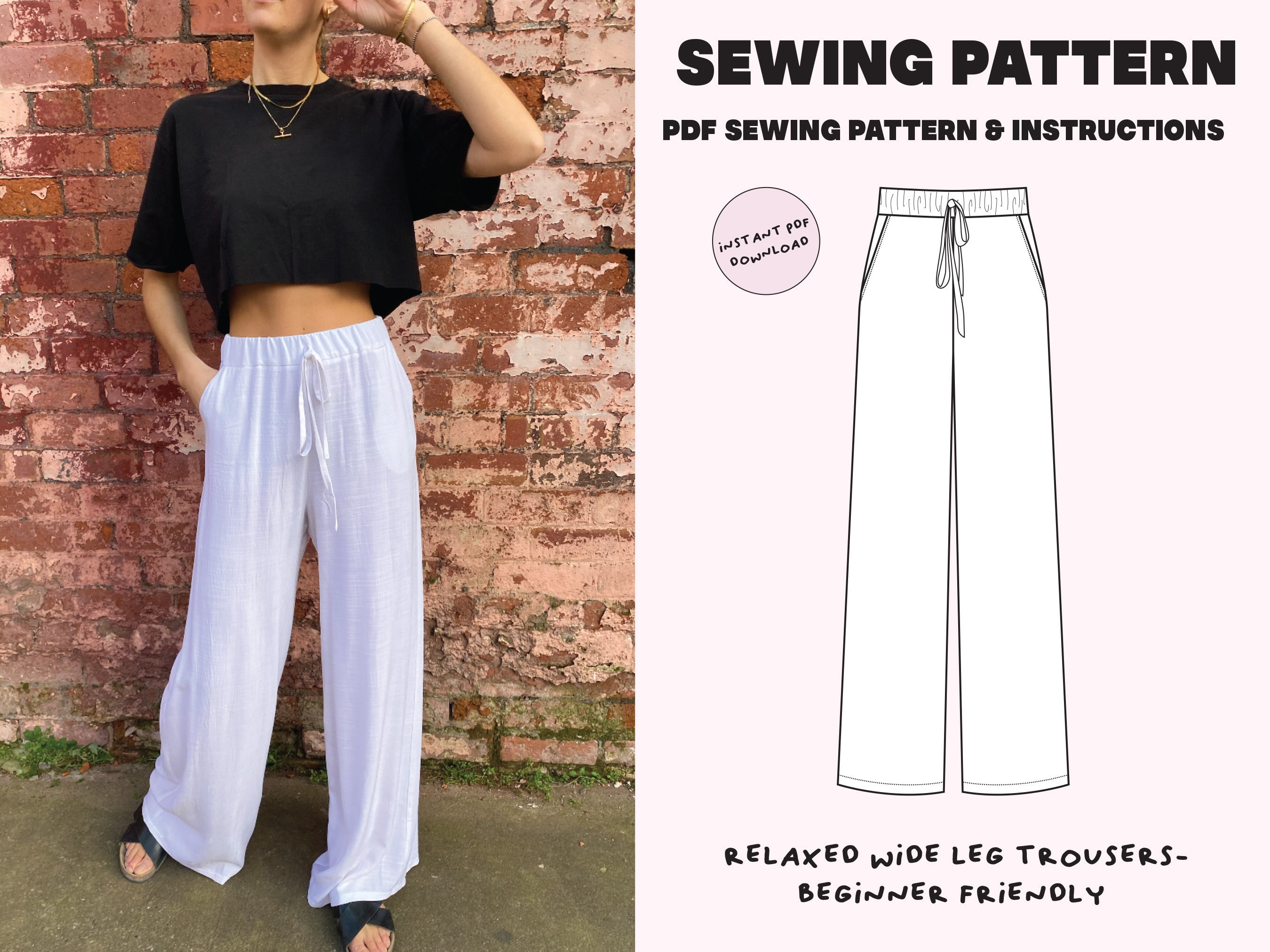 Wide Leg Trousers / Digital PDF Pattern / Beginner Friendly / Size XS-XXL /  Instant Download With 7 Printable Sizes / Elastic Waistband 